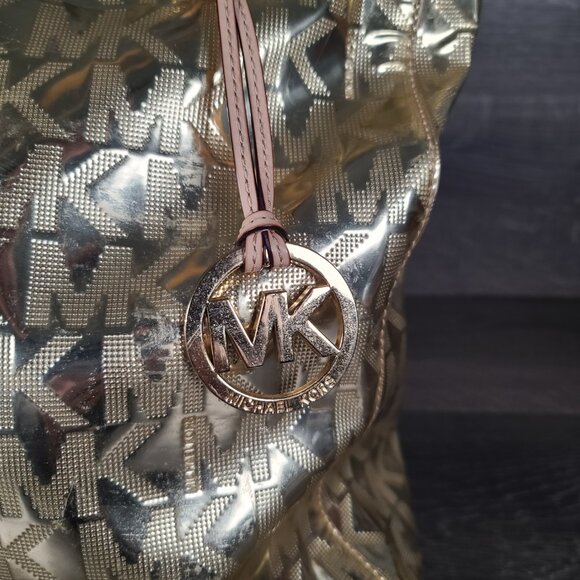 Michael Kors MK Logo Mirror Metallic Gold Monogram Luxury Tote Bag Purse Large - Picture 2 of 13